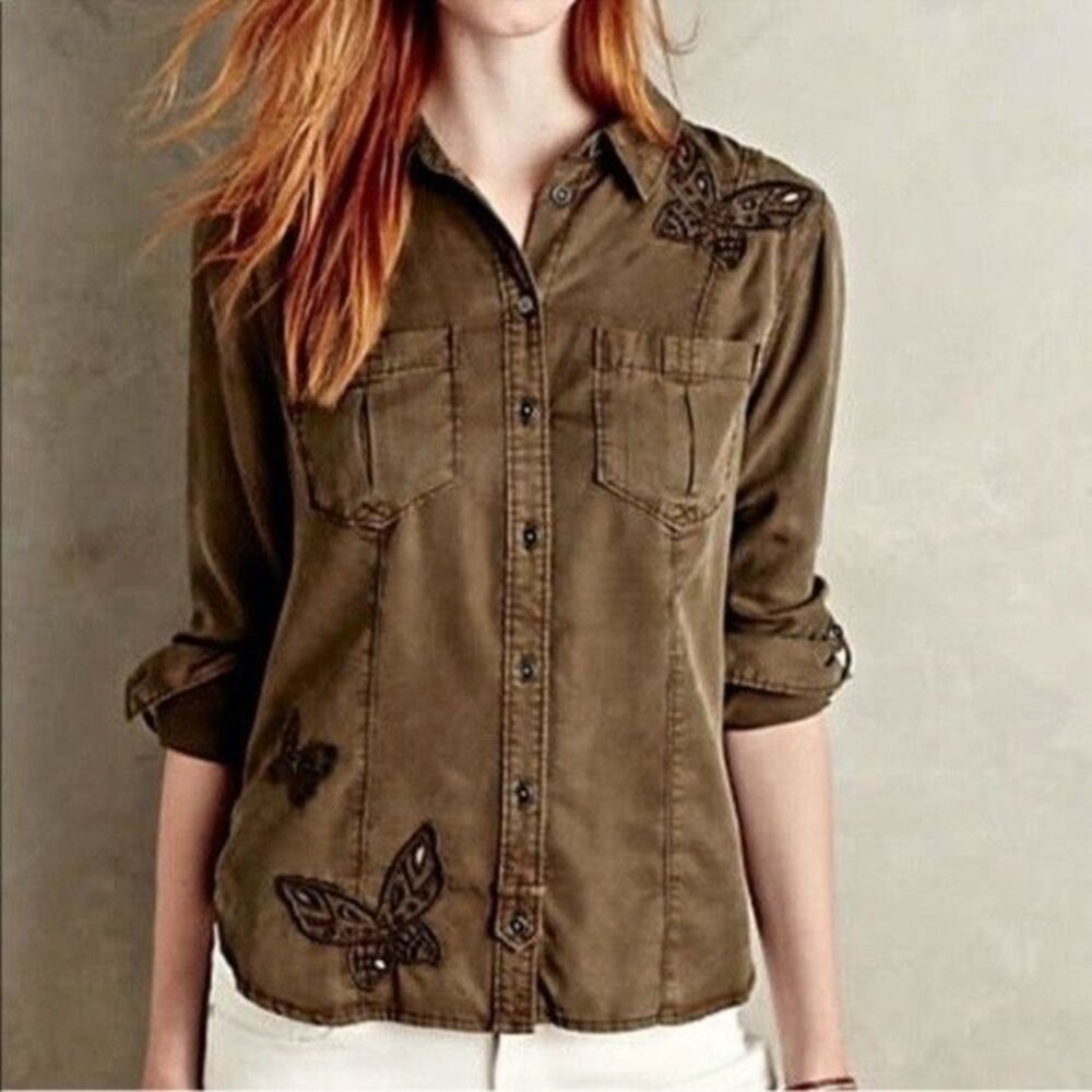 Anthropologie Holding Horses Women Butterfly Embroidered Button Up Shirt size 8